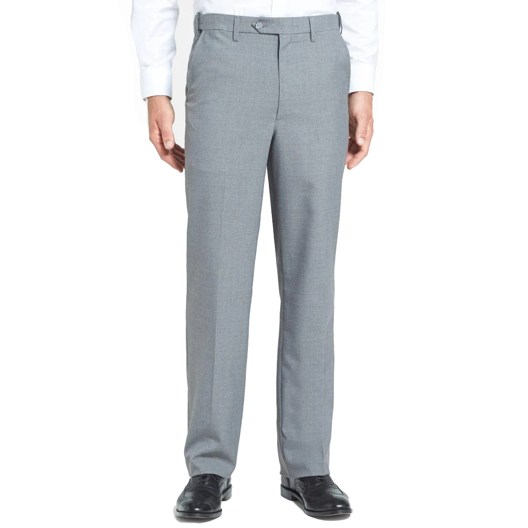 slim fit dress slacks Berle Gray Wool Self Sizer Waistband Trouser