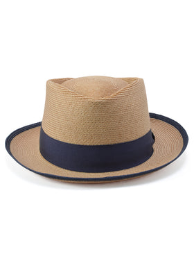 Dobbs The Lineup Hemp Straw Fedora Hat in Beige/Navy - 0