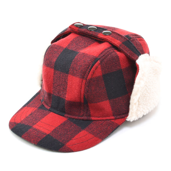 Broner Wool Blend Plaid Work Cap with Earflaps in Black/Red