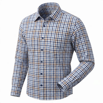 Ridge Stitch Long Sleeve Mini Check Shirt in Blue/Tan