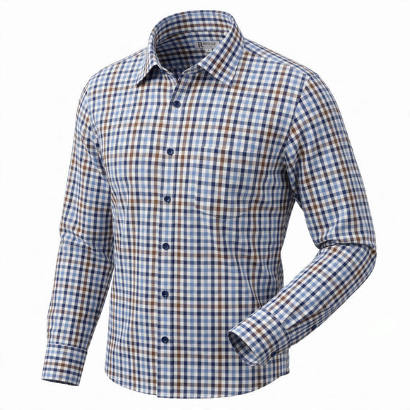 Ridge Stitch Long Sleeve Mini Check Shirt in Blue/Tan