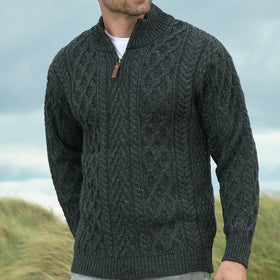 West End Half Zip Aran Sweater in Charcoal