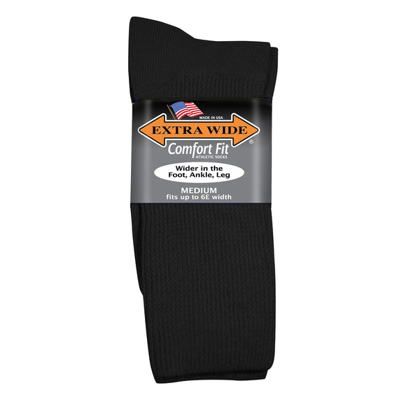 Extra Wide Comfort Fit Athletic Crew Socks in Black - Medium