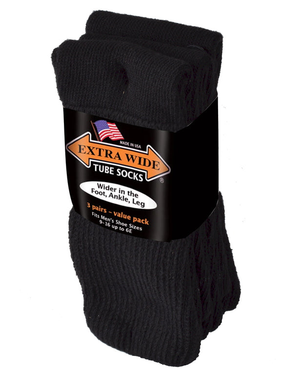 Extra Wide Men's Tube Sock 3-Pack in Black