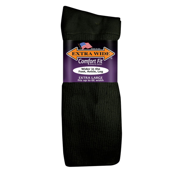 Extra Wide Comfort Fit Athletic Crew Socks in Black - X-Large