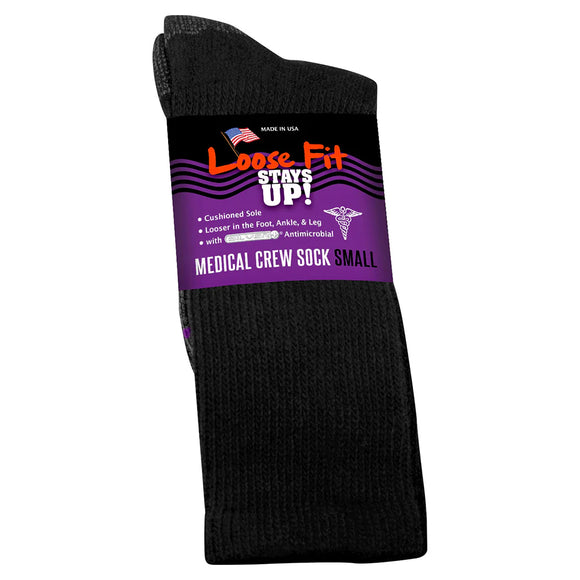 Loose Fit Medical Crew Sock in Black - Small