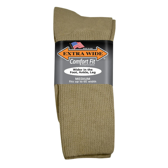 Extra Wide Comfort Fit Athletic Crew Socks in Tan - Medium