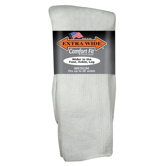 Extra Wide Comfort Fit Athletic Crew Socks in White - Medium