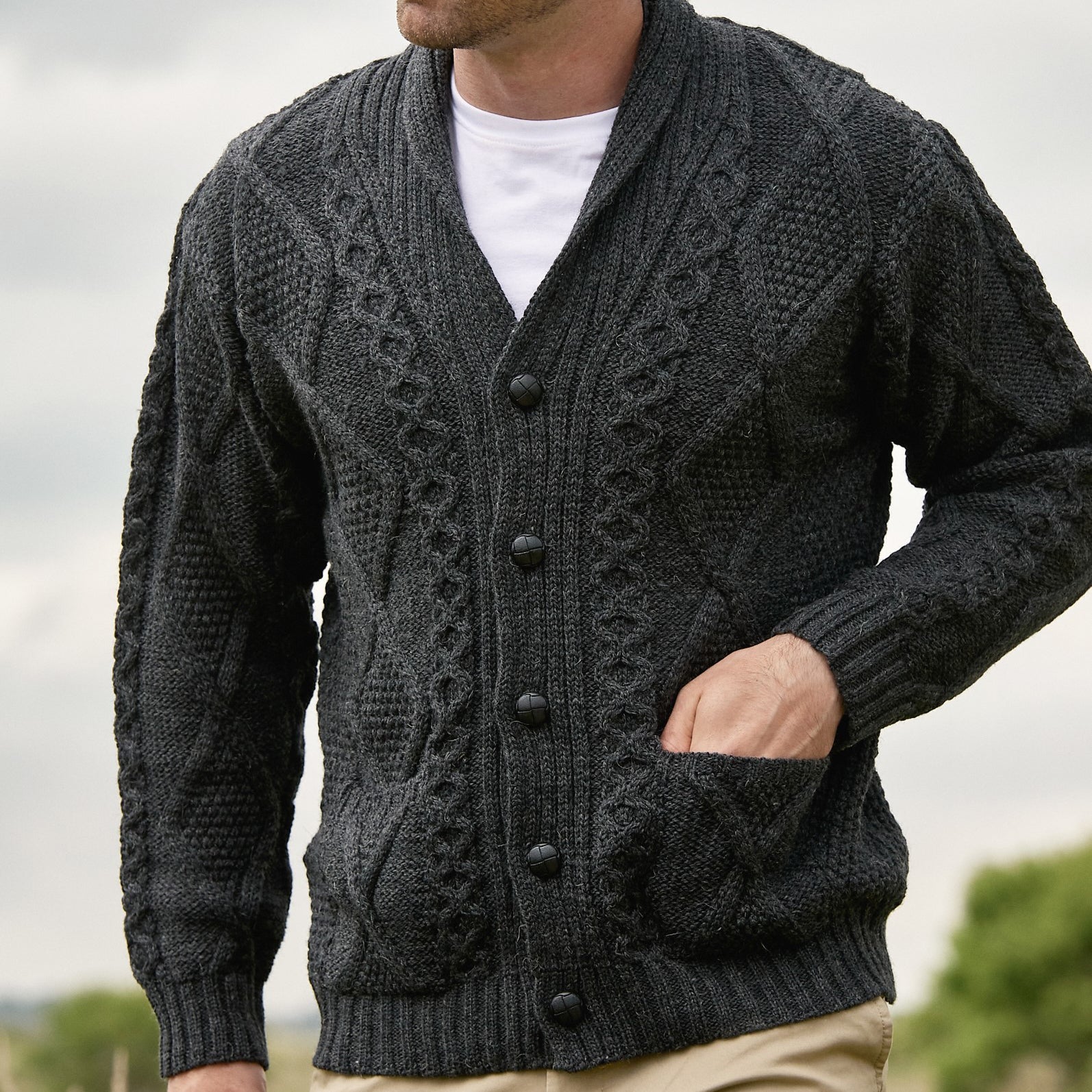 West End Kerry Aran Button Cardigan Sweater in Charcoal